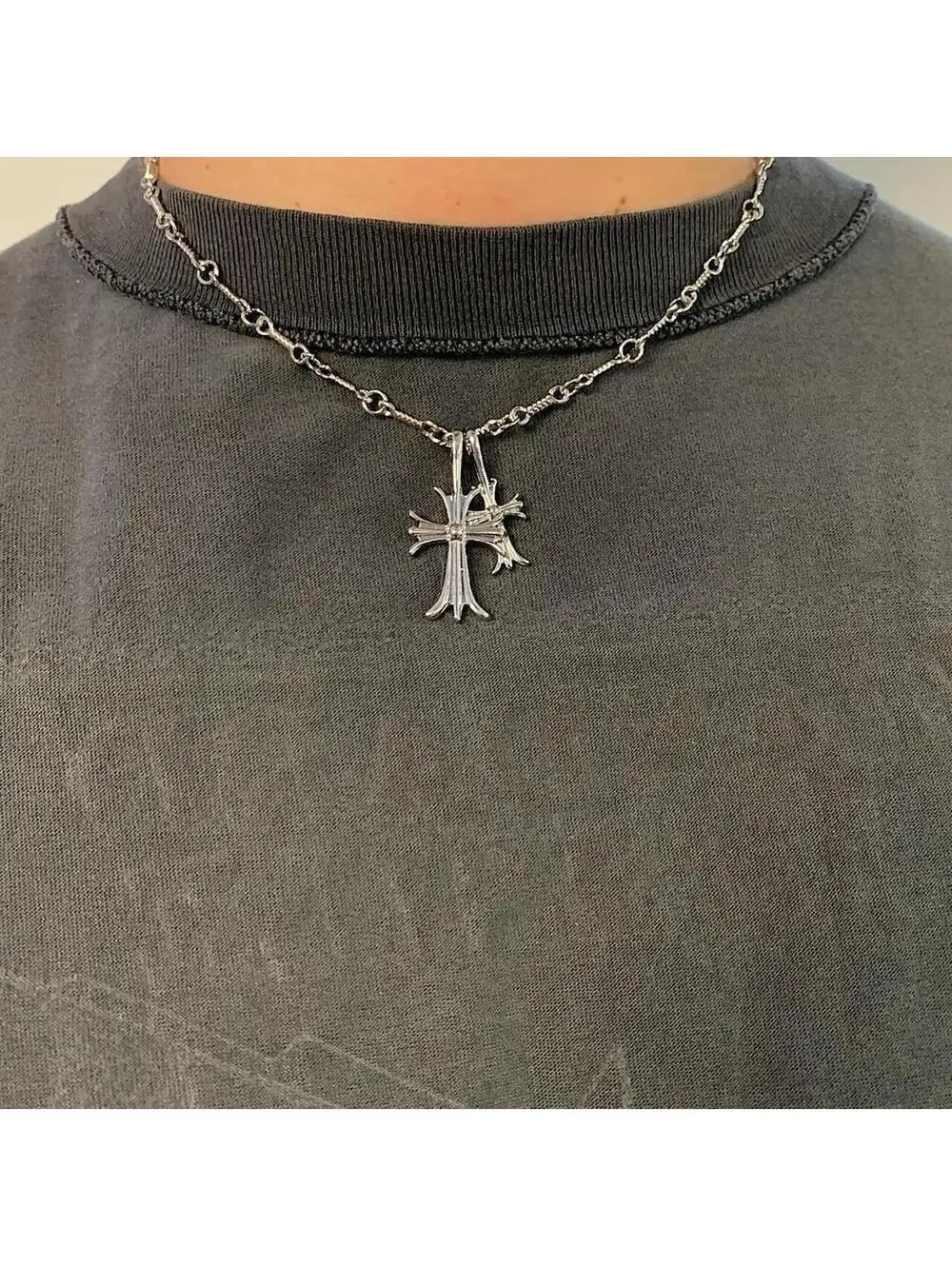 Double Cross Silver Necklace. Rhinestone Cross. 19.5 inches length. Is